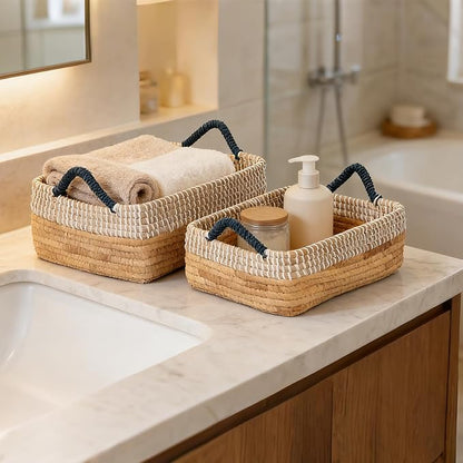 4 Pack Laundry Baskets and Woven Storage Basket for Organizing, 49L Seagrass Blanket Basket, 29L Storage Bin with Handles, 10.7L & 7.6L Cube Storage Baskets for Shelves - Blue