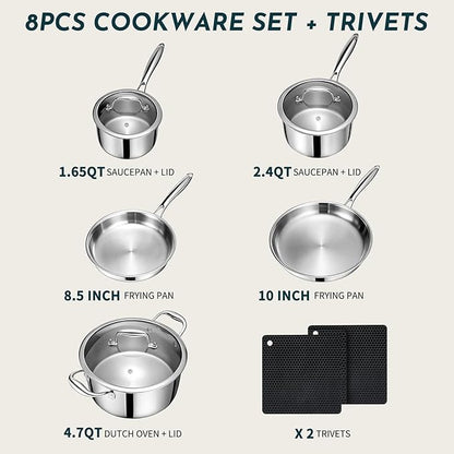 3 Ply Stainless Steel Cookware Set, AIVIKI 10-Pieces Pots and Pans Set, Induction Kitchen Cookware Set, Oven Safe to 500℉, Chef Quality Cooking Set w/Fry Pans, Saucepans, Dutch Oven, Kitchen Essential