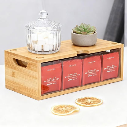 Stackable Bamboo Tea Box Organizer (Set of 2) - Large Capacity Tea Bag Storage Holder for Pantry & Cabinet - Multipurpose Tea Chest - Sustainable Kitchen Drawer & Office Breakroom Decor