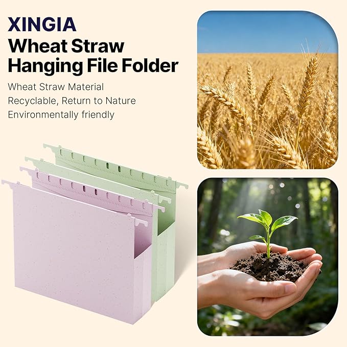 XINGIA Wheat Straw Hanging File Folders Letter Size Extra Capacity,Heavy Duty 2'' Expandable File Cabinet Folders,12 Pack Pastel File Folders Hanging with Tabs,Hanging File Organizer for Office School