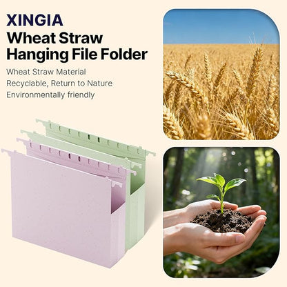 XINGIA Wheat Straw Hanging File Folders Letter Size Extra Capacity,Heavy Duty 2'' Expandable File Cabinet Folders,12 Pack Pastel File Folders Hanging with Tabs,Hanging File Organizer for Office School