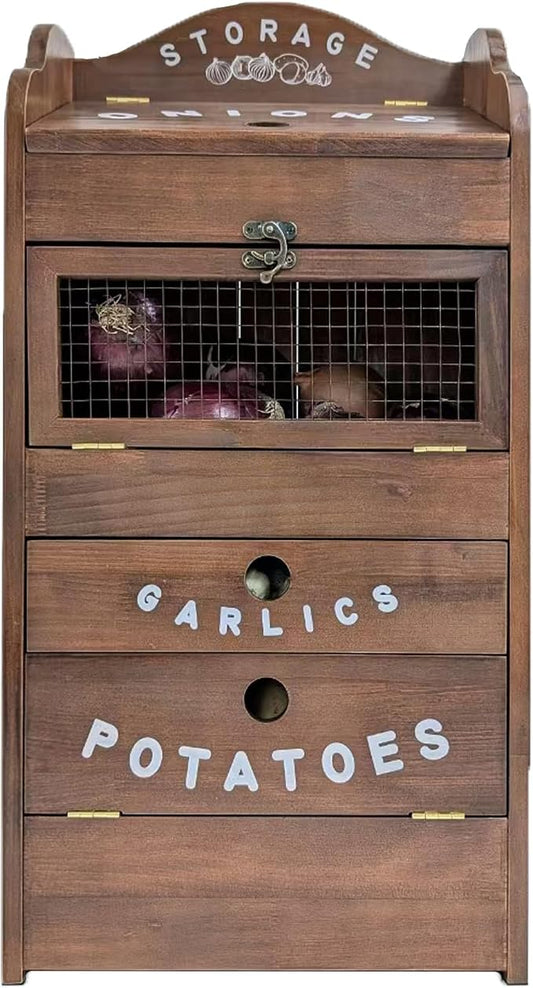 ARTAWEIN Pine Wood Veggie Bin for Potato, Onion and 1 Garlic Drawer Vegetable Box for Kitchen Storage, Solid Wood Vegetable Bin 13.77" L X 7.1" W X 29.3" H (Rustic Walnut)