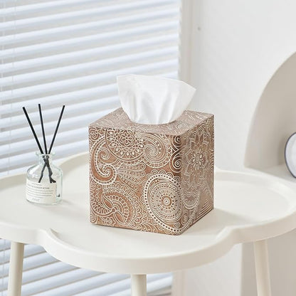 Vintage Wood Carved Square Tissue Box Cover Decorative,Napkin Dispenser,Facial Paper Holder for Bathroom Vanity Countertop,Bedroom Dresser,Night Stand, Desk, Office and End Table,Boho Flowers