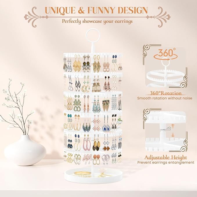 iDavosic.ly 6 Tier Rotating Earring Holder Organizer with Metal Tray, Adjustable Plastic Dangle Display Stands Tree with 342 Grooves, Large Hoop Storage Rack Tower, White