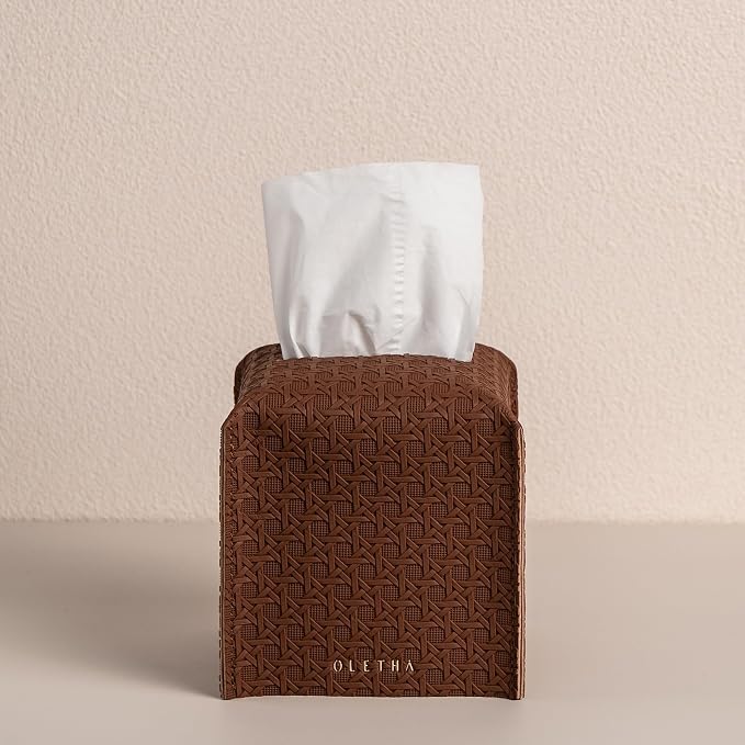 OLETHA Square Tissue Box Cover - Aesthetic Desk Decor for Room, Home & Office - Tissues Cube Boxes Holder - Lattice Patterns, Tan
