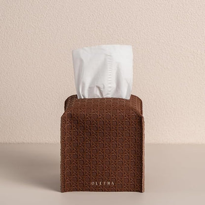 OLETHA Square Tissue Box Cover - Aesthetic Desk Decor for Room, Home & Office - Tissues Cube Boxes Holder - Lattice Patterns, Tan