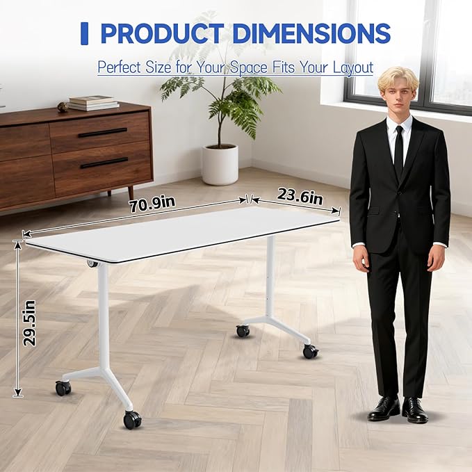 2pcs 70.9 Inch Folding Conference Table with Silent Wheels,Mobile foldable Flip Top Rectangular Meeting Tables for Office Training classroom,Locking Rolling Modular White Desk for Space Saving