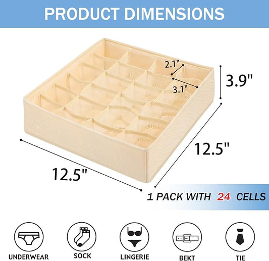 Foldable Storage Cubes Drawer Underwear Organizer Dividers， under Cabinet Organizer 24-Cell Fabric Storage Boxes for Lingerie,Socks,Ties（Creamy-White）