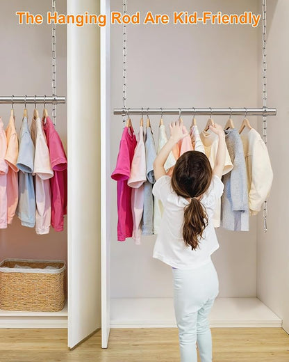 Hanging Closet Rod, Adjustable Width and Height Closet Rods Extender, 17-28inch Heavy-Duty Stainless Steel Bar, Space-Saving Closet Rod Hanging Clothes, 2Pack(Silver)