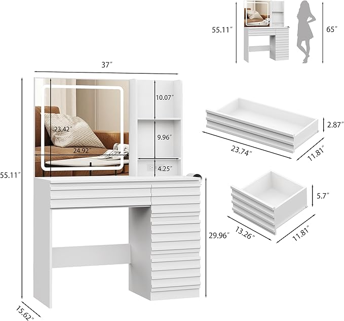 Makeup Vanity Desk with Lights, Fluted Vanity with 4 Drawers, Open Shelves, Power Outlet, LED Lighted Mirror, 3 Lighting Modes & Brightness Adjustable, Wood Dressing Table for Bedroom, White