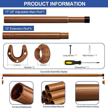 17 to 84 Inch Closet Rods for Hanging Clothes with Screwdriver, Stepless Adjustable Closet Rod Heavy Duty, 1.3 Inch Clothes Hanging Rod Metal Closets Bar for Wardrobes Laundry Bathroom RV, Dark Brown