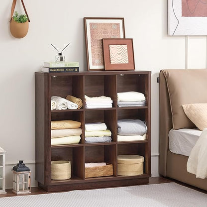 9 Cube Bookshelf, 41" Tall Organizer Bookcase with Curved Edge, Wood Floor Standing 3-Tier Cubby Book Shelf with Base, Vinatge Display Storage Cabinet for Living Room, Home Office, Walnut