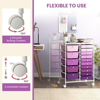 LDAILY 15 Drawer Rolling Storage Cart, Rolling Cart with Drawers for Classroom, Art Supply Craft Organizer on Wheel with Metal Frame & Handles for Home Office School