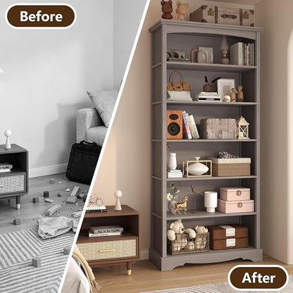 TVU 6-Tier Wooden Bookshelf, 76 Inch Tall Bookshelf with Storage, Floor Standing Modern Style Display Bookcase for Living Room, Office, Study Room, Entryway, Grey