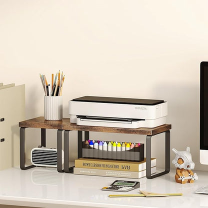 Homeiju Wooden Desktop Organizer Shelf, 2-Tier Adjustable Freestanding Bookshelf Desk Shelf, Stackable Desk Organizer for Office, Dorm, Bedroom, Space Saving, Easy Assembly, Rustic Brown (1 Pack)