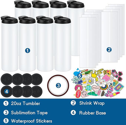 12 Pack 20 oz Sublimation Tumblers Dual Opening Blank Bottles Triple-Insulated Stainless Steel Water Bottle with Straw Lid Blank Tumbler Bulk with Shrink Wrap, Rubber Base, Heat Tape for Heat Transfer