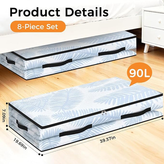 8 Pack Under Bed Storage Bags, 90L Foldable Clear Storage Containers with Handles, Dual Zippers for Comforter, Clothes, Bedding, Linen Sheets, Sweaters, Blanket Storage