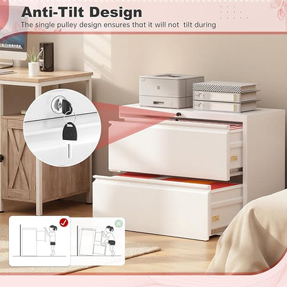Superday Lateral File Cabinet 2 Drawer Metal File Cabinet with Lock, White Filing Cabinets for Home Office, Locking Filing Cabinets Hanging Files Letter/Legal/F4/A4