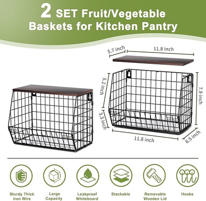 2 Tier Fruit Bowl Fruit Basket for Kitchen Counter Stackable Wall Mounted Hanging Basket Wire Baskets with Wood Lid with 4 Banana Hanger Hooks, Onion Basket, Fruit and Vegetable Storage
