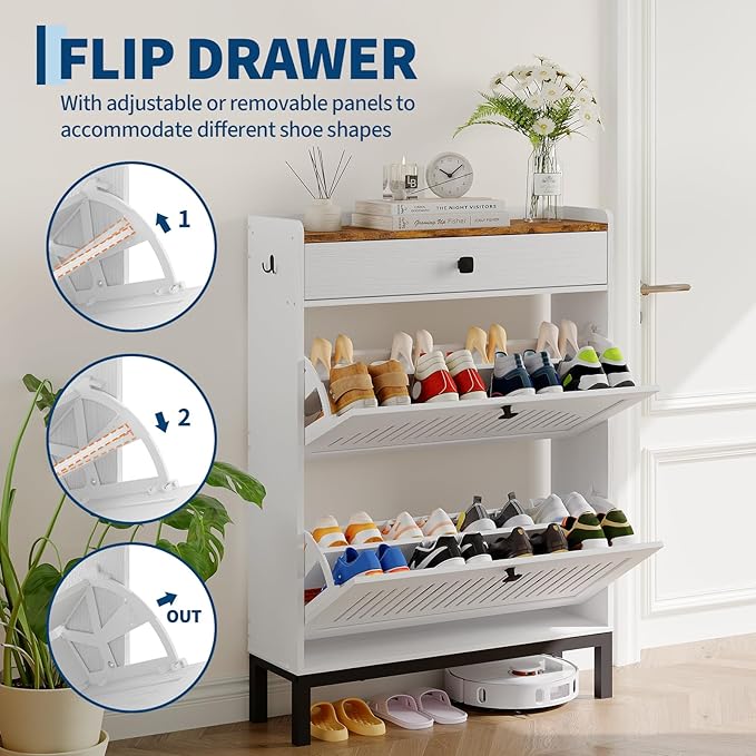 Garvee 2 Flip Drawer Shoe Cabinet with Adjustable Shelves, Hidden Shoe Organizer with Top Drawer, Freestanding Wooden Shoe Rack for Entryway, Hallway, Living Room, White
