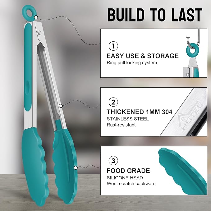 HOTEC Premium Stainless Steel Locking Kitchen Tongs with Silicon Tips, Set of 2-9" and 12", Turquoise