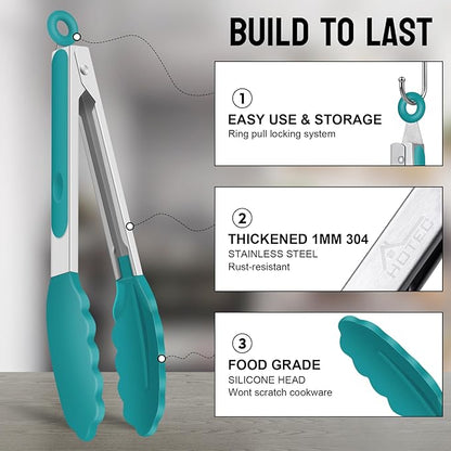 HOTEC Premium Stainless Steel Locking Kitchen Tongs with Silicon Tips, Set of 2-9" and 12", Turquoise