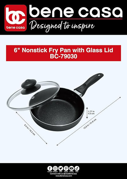 Bene Casa - Black Nonstick Aluminum Frying Pan with Glass Lid (6") - Dishwasher Safe for Easy Cleaning