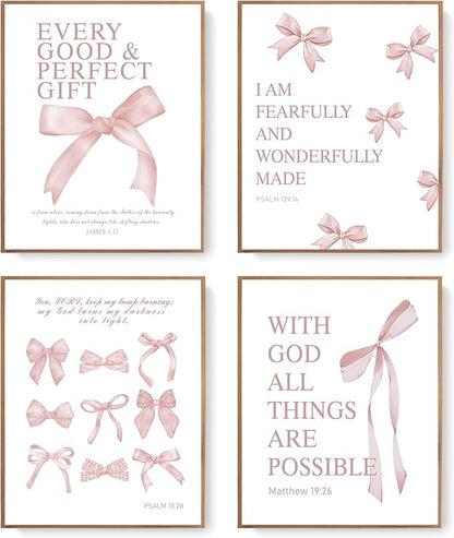 LARTSFRO Coquette Pink Bow Wall Art Decor Posters, Blush Pink Bow Room Bedroom Bathroom Dorm Wall Art Decor Aesthetic for College Teen Girls Gifts, Inspirational Bible Verses Bow Wall Decor, 10x8 Inch Set of 4 Pcs Bow Pictures (UNFRAMED)