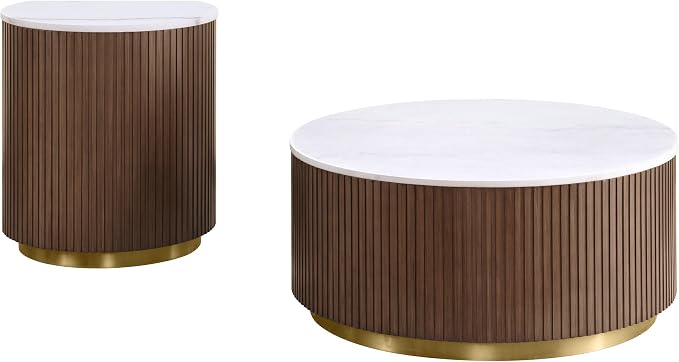 Coaster Home Furnishings - Jason - Wood and Metal - 2-Piece Coffee Table Set with Marble Tops, Reeded Drum Bases, and Gold Ring Accents - Living Room - Honey Brown and White Marble - 712418-S2
