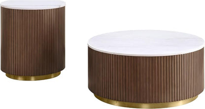 Coaster Home Furnishings - Jason - Wood and Metal - 2-Piece Coffee Table Set with Marble Tops, Reeded Drum Bases, and Gold Ring Accents - Living Room - Honey Brown and White Marble - 712418-S2