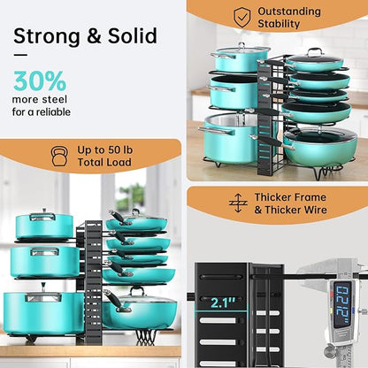 MUDEELA Pots and Pans Organizer Rack under Cabinet 16.61 Height, 8 Tiers Adjustable Pot Pan Rack with 3 DIY Methods, Pot Lid holder for Kitchen Cabinet Organizers and Storage