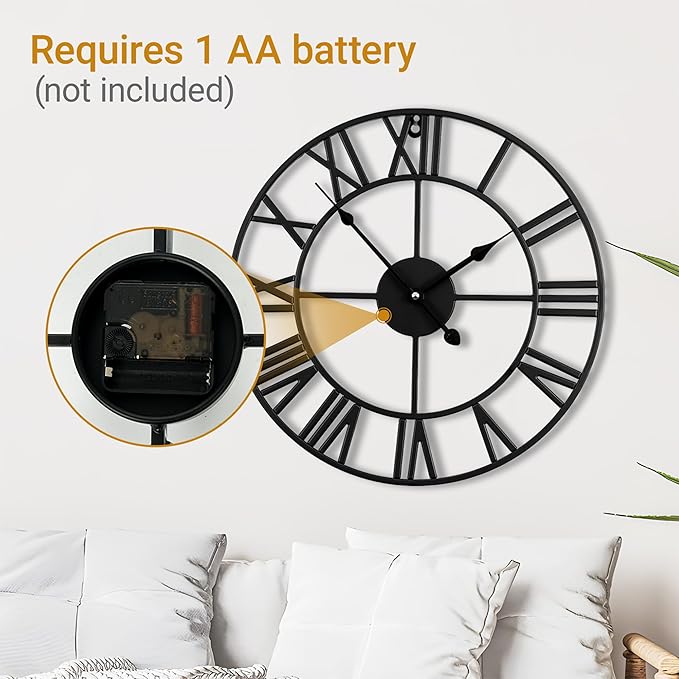 Blorple 16inch/40cm Wall Clocks Battery Operated,Wall Clocks for Living Room Decor, Bedroom,Office,Bathroom,Silent,Large Wall Clock for Home and Kitchen,Farmhouse (Iron Roman Numerals, 16 inches)