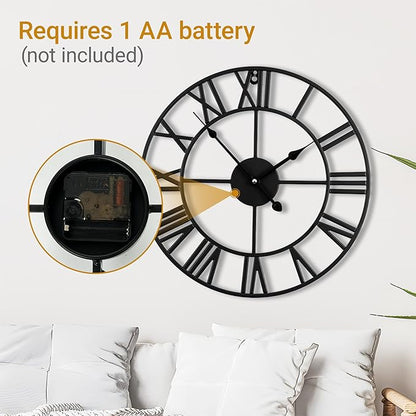 Blorple 16inch/40cm Wall Clocks Battery Operated,Wall Clocks for Living Room Decor, Bedroom,Office,Bathroom,Silent,Large Wall Clock for Home and Kitchen,Farmhouse (Iron Roman Numerals, 16 inches)
