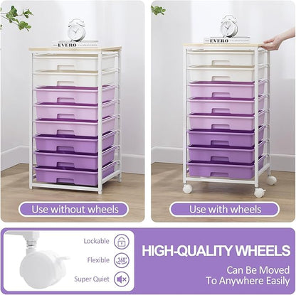Rolling Cart with Drawers,Utility Cart With 8 Drawers and Wooden Tabletop for Living Room,Classroom,Bedroom,Bathroom,Dorm,Office,Purple