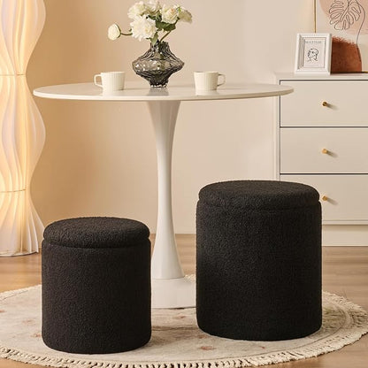 Round Ottoman with Storage Set of 2 - Upholstered Sherpa Vanity Stool for Makeup Multifunctional Ottomans Coffee Table Padded Seat Foot Rest for Living Room & Bedroom (Sherpa, Black)