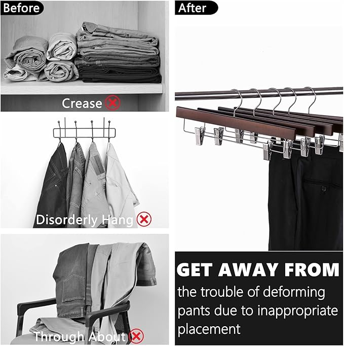 Amber Home 24 Pack Retro Wooden Pants Hangers with Clips, Walnut Wood Bottom Jeans Skirt Hanger, Clip Hanger for Trousers, Slacks, Shorts (Vintage, 24)
