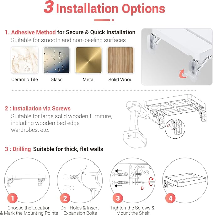 KIWIFOTOS 12.9" Floating Bedside Shelf for Bed Foldable Wall Mounted Shelf Adhesive Tablet Phone Storage Organiser for Bedroom Nursery Dorm Living Room