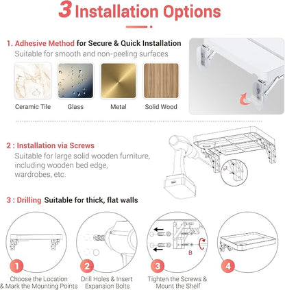 KIWIFOTOS 12.9" Floating Bedside Shelf for Bed Foldable Wall Mounted Shelf Adhesive Tablet Phone Storage Organiser for Bedroom Nursery Dorm Living Room