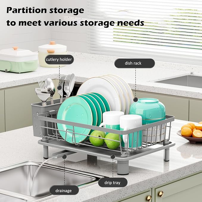 Small Dish Drying Rack, Space Saving Dish Racks for Kitchen Counter, Kitchen Organizer Dish Drainer with Cutlery Holder for Spoons and Forks, 11''W x 15''L, Gray
