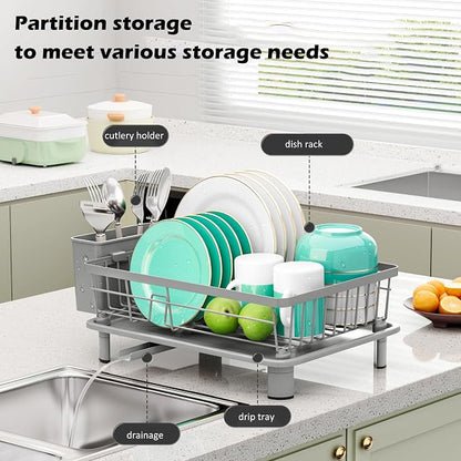 Small Dish Drying Rack, Space Saving Dish Racks for Kitchen Counter, Kitchen Organizer Dish Drainer with Cutlery Holder for Spoons and Forks, 11''W x 15''L, Gray