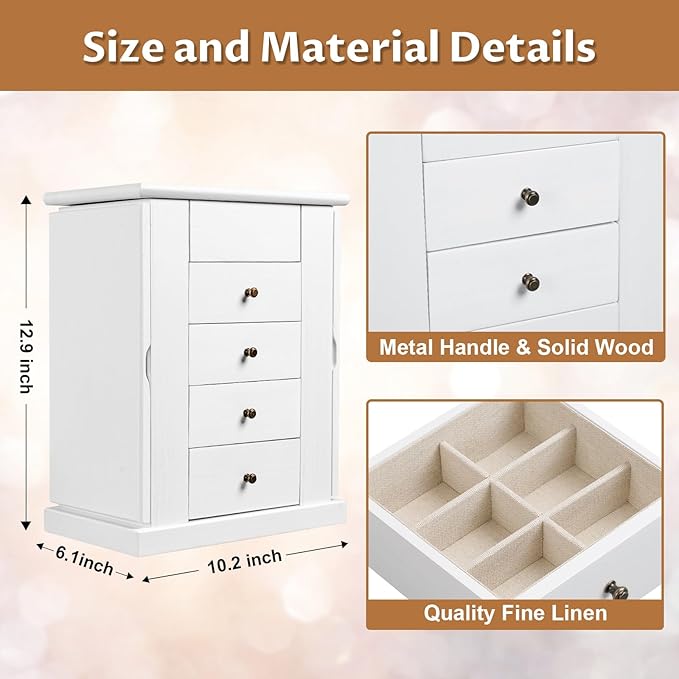 Emfogo Jewelry Box for Women, 5 Layer Large Wood Jewelry Boxes & Organizers for Necklaces Earrings Rings Bracelets, Rustic Jewelry Organizer Box with Drawers and Mirror (Vintage White)