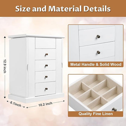 Emfogo Jewelry Box for Women, 5 Layer Large Wood Jewelry Boxes & Organizers for Necklaces Earrings Rings Bracelets, Rustic Jewelry Organizer Box with Drawers and Mirror (Vintage White)