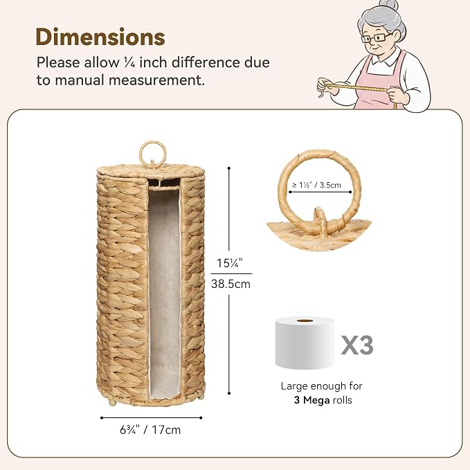 GRANNY SAYS Free Standing Toilet Paper Holder Stand with Storage, Water Hyacinth Wicker Toilet Paper Storage with Lid, Holds 3 Rolls, Tissue Holder for Bathroom with Built-in Cloth Lining