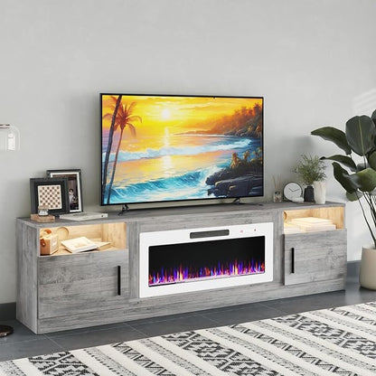PRETZI Fireplace TV Stand with 36" Fireplace Up to 90" TVs, 80" Entertainment Center with LED Lights, Remote Control, TV Media Console with Storage Cabinets for Living Room, Grey+White