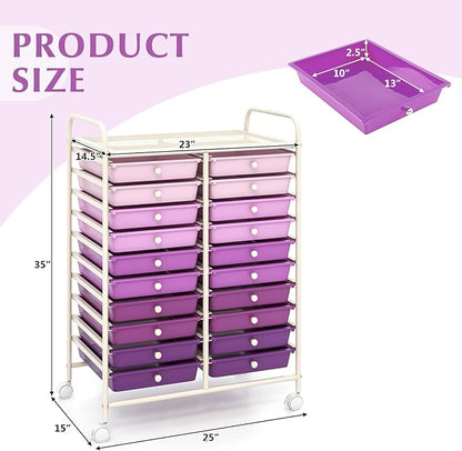 GOFLAME 20-Drawer Rolling Storage Cart, Multifunctional Art Craft Organizer Cart, Mobile Utility Storage Cart with Removable Drawers & Lockable Wheels, Craft Cart for Home Office, Purple Gradient