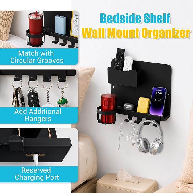 Metal Bedside Wall Shelf, No Drill Floating Bedside Shelf Wall Organizer | Bedside Wall Shelf with Detachable Cup Holder for Bedroom, Dorm, Nightstand Alternative, Bunk Bed Accessories & RV Storage