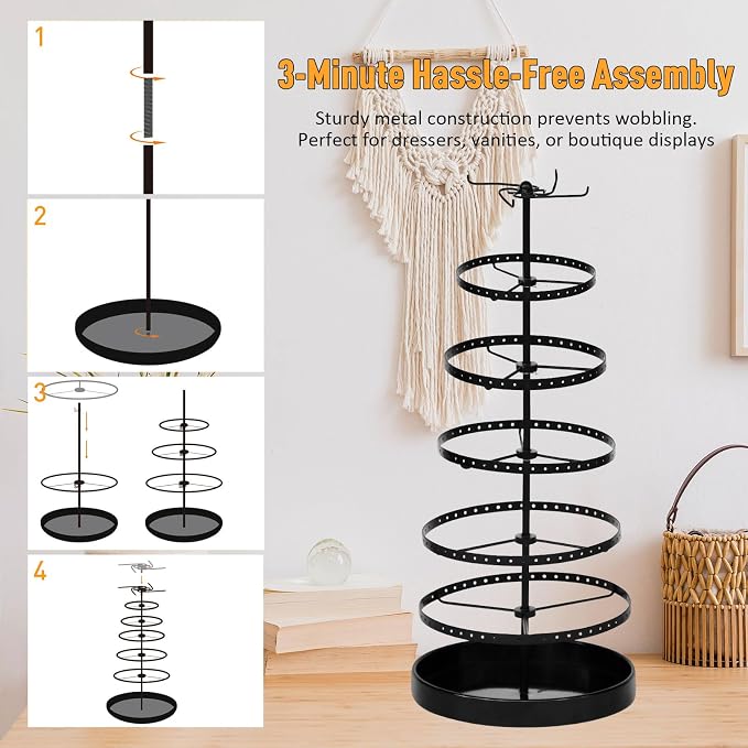 17Dec 6 Tier Rotating Jewelry Organizer Stand, 230 Holes Earring Holder Organizer for Women Girls, Spinning Earring Tree with Ring Holder, Wide Base for Bracelets Watches Lipstick