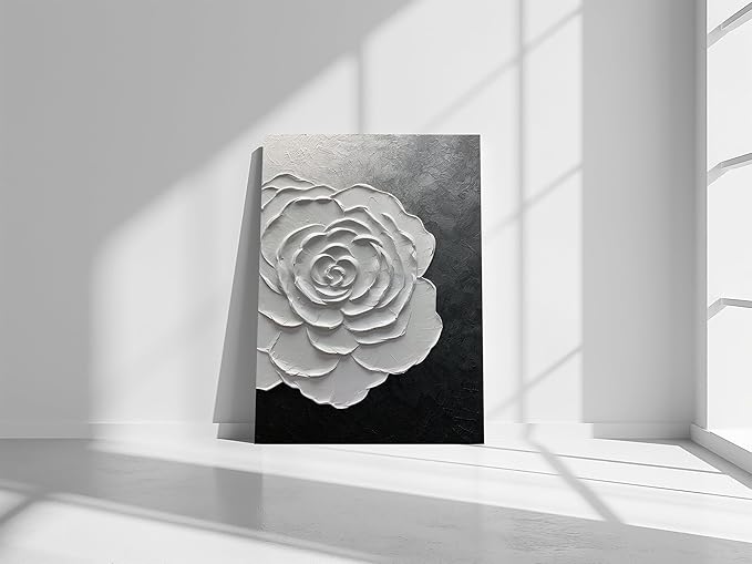 moshinart 24 x 36in Hand-Painted Oil Painting 3D Texture Black White Grey Modern Minimalist Black Abstract Wall Art, Home Office Wall Decoration Flower