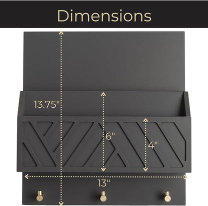 BLU MONACO | Wall-Mounted Mail and Key Holder in Grey Wood | Two-Tier Mail Organizer with Gold Hooks | Entryway Command Center for Home or Office