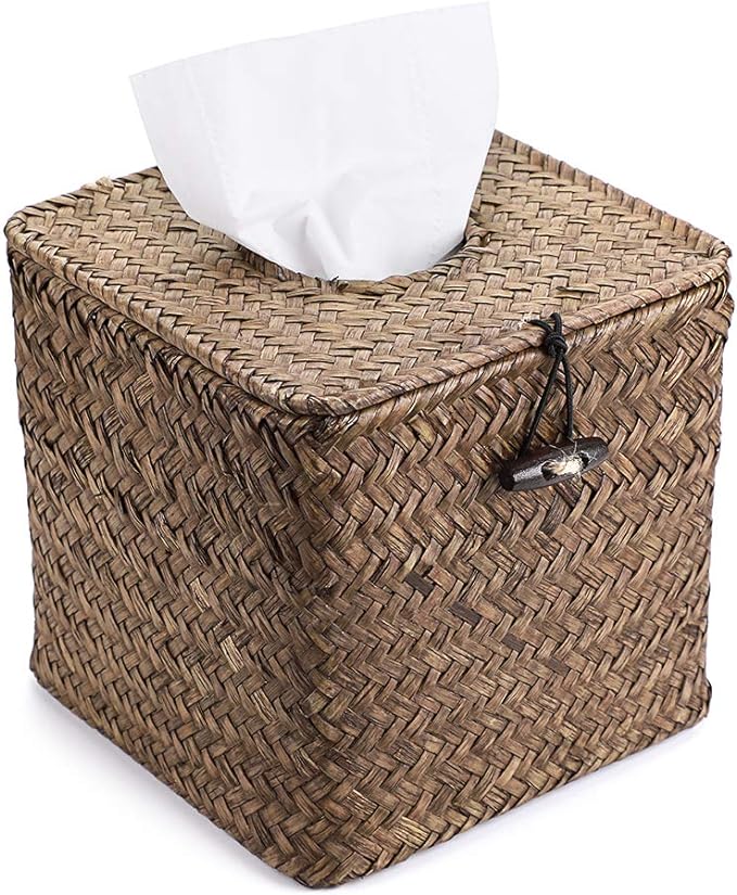 Sumnacon Tissue Box Cover Square Seagrass Tissue Box with Lid, Woven Tissue Box Holder Rustic Cube Tissue Cover for Bathroom Toilet Bedroom Living Room Kitchen Table Desk Office Car, Coffee